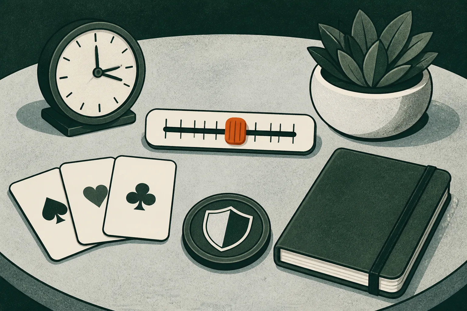 Illustrated clock, limit slider, shield token, cards and notebook arranged on a table