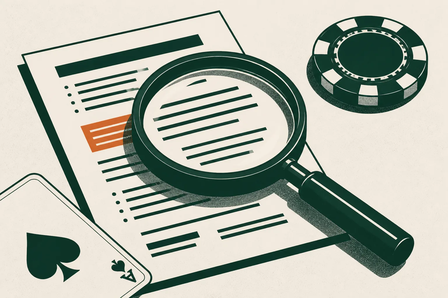 Illustrated magnifying glass examining a terms sheet beside a playing card and chip